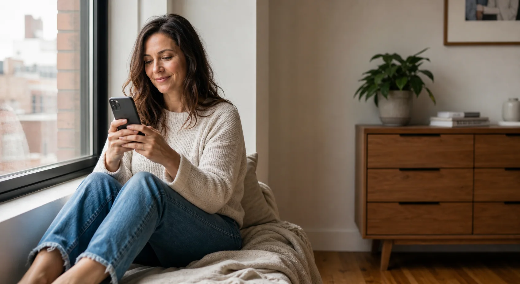 A woman using a smartphone in a bright apartment