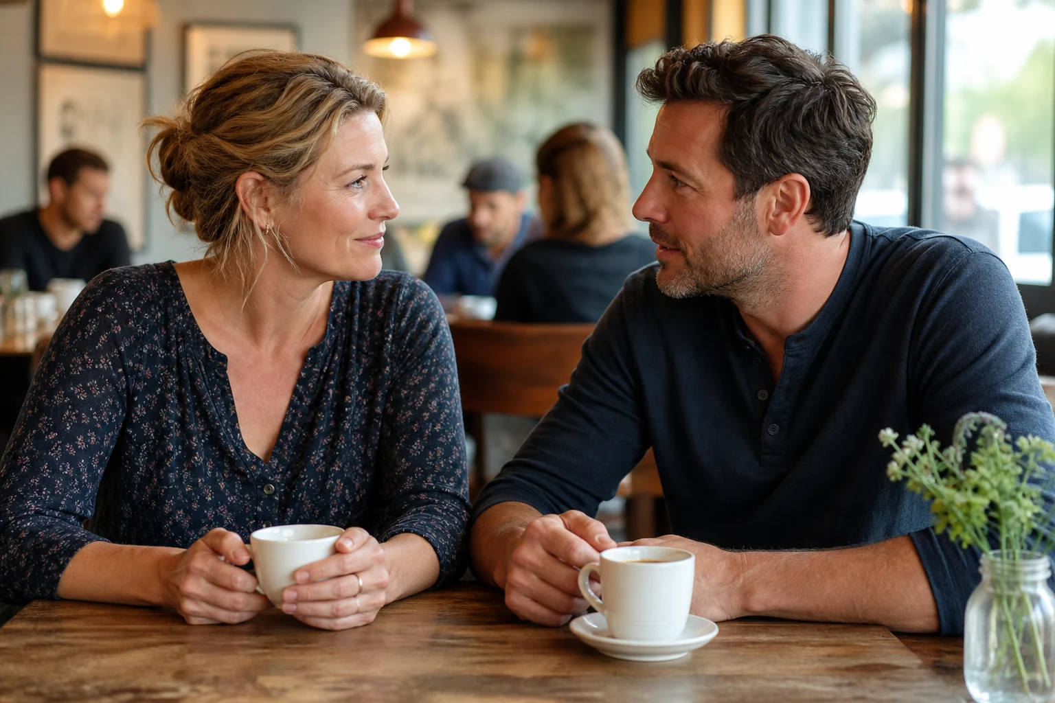 A couple having a calm conversation in a neighborhood cafe