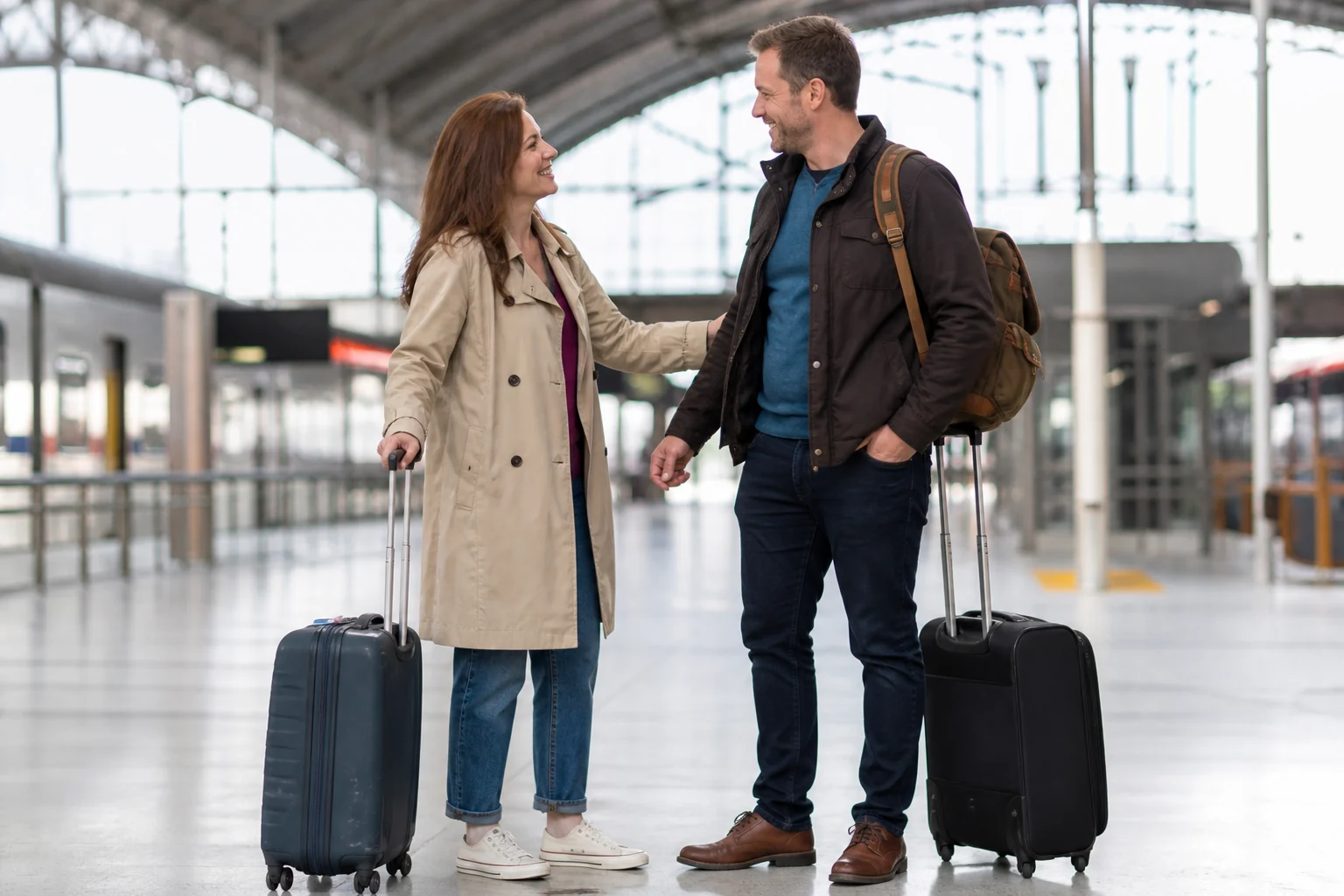 A long-distance couple meeting with travel bags at a train station