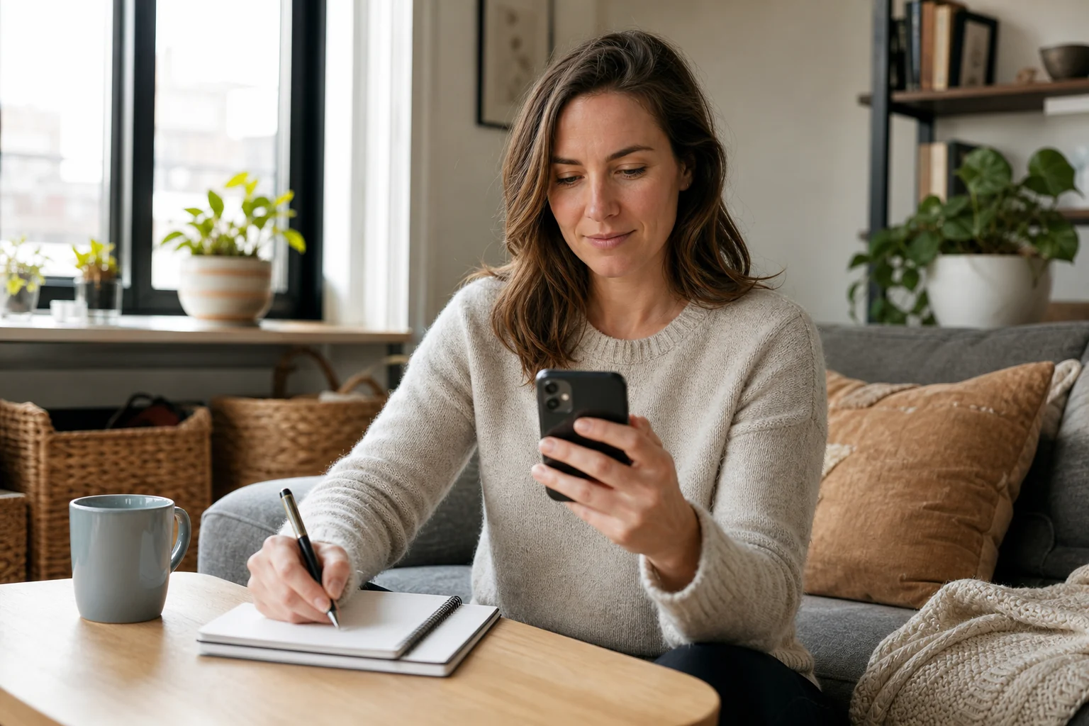A woman preparing an authentic dating profile with her phone and notebook