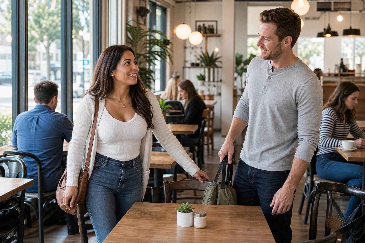 Two adults arriving separately for a public café date