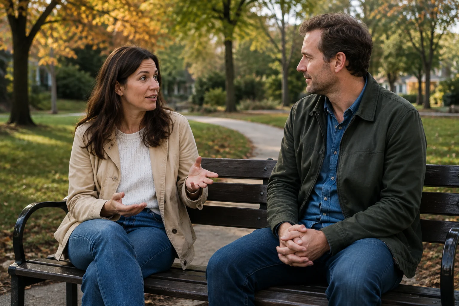 A dating couple having a thoughtful conversation on a neighborhood park bench