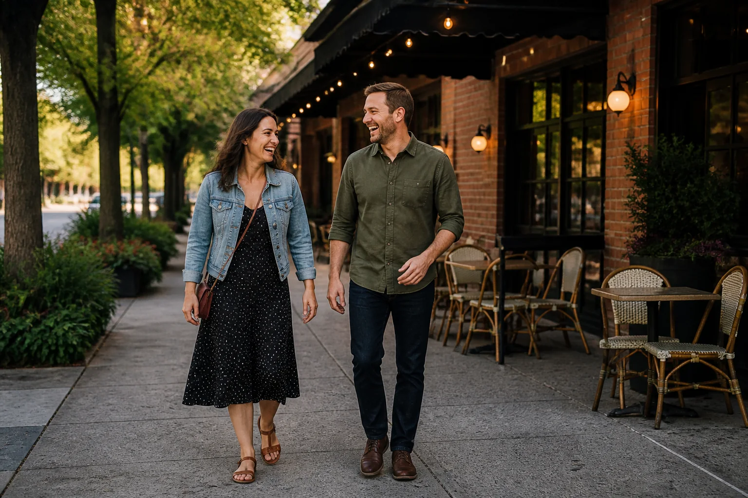 A man and woman enjoying a relaxed walk after coffee