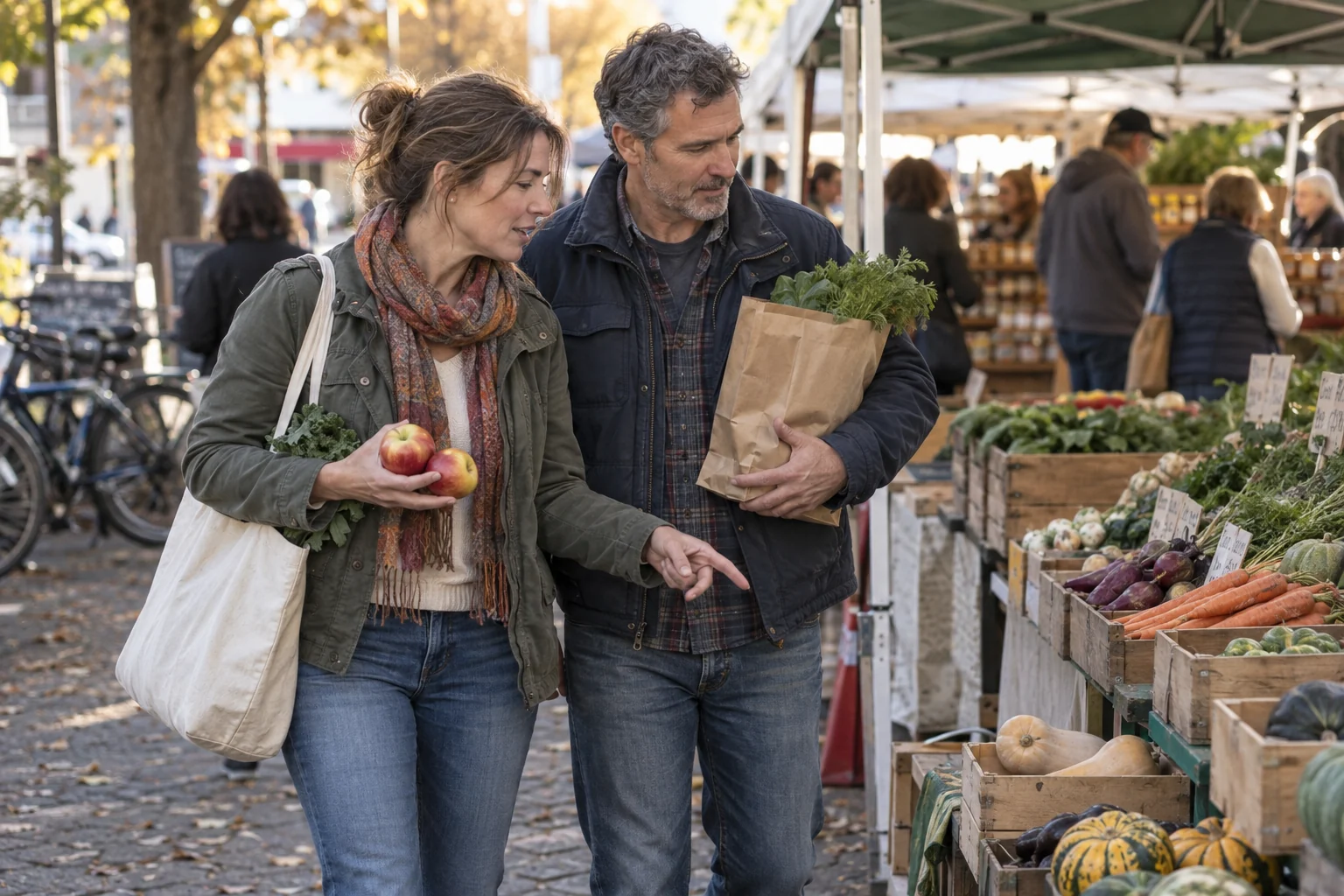 A couple in their forties sharing an ordinary date at a neighborhood farmers market