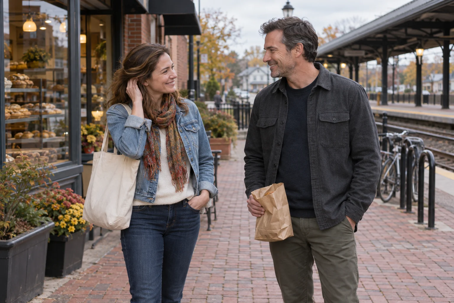 Two adults greeting each other outside a neighborhood bakery near a small commuter station