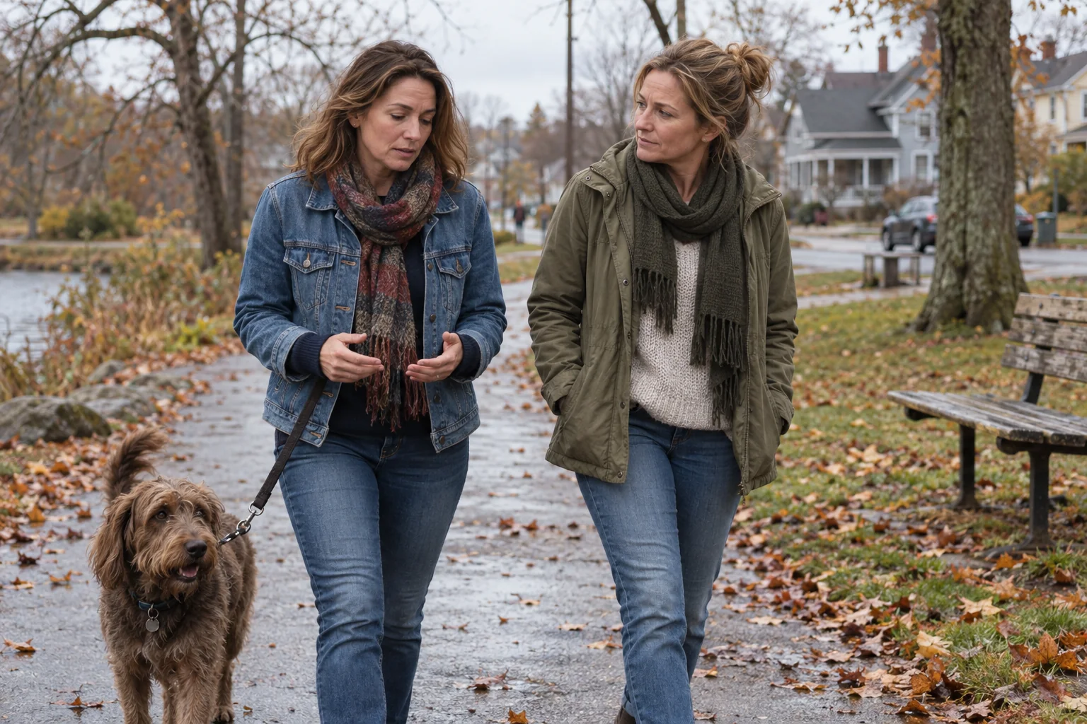 Two friends talking while walking a dog through an autumn neighborhood park