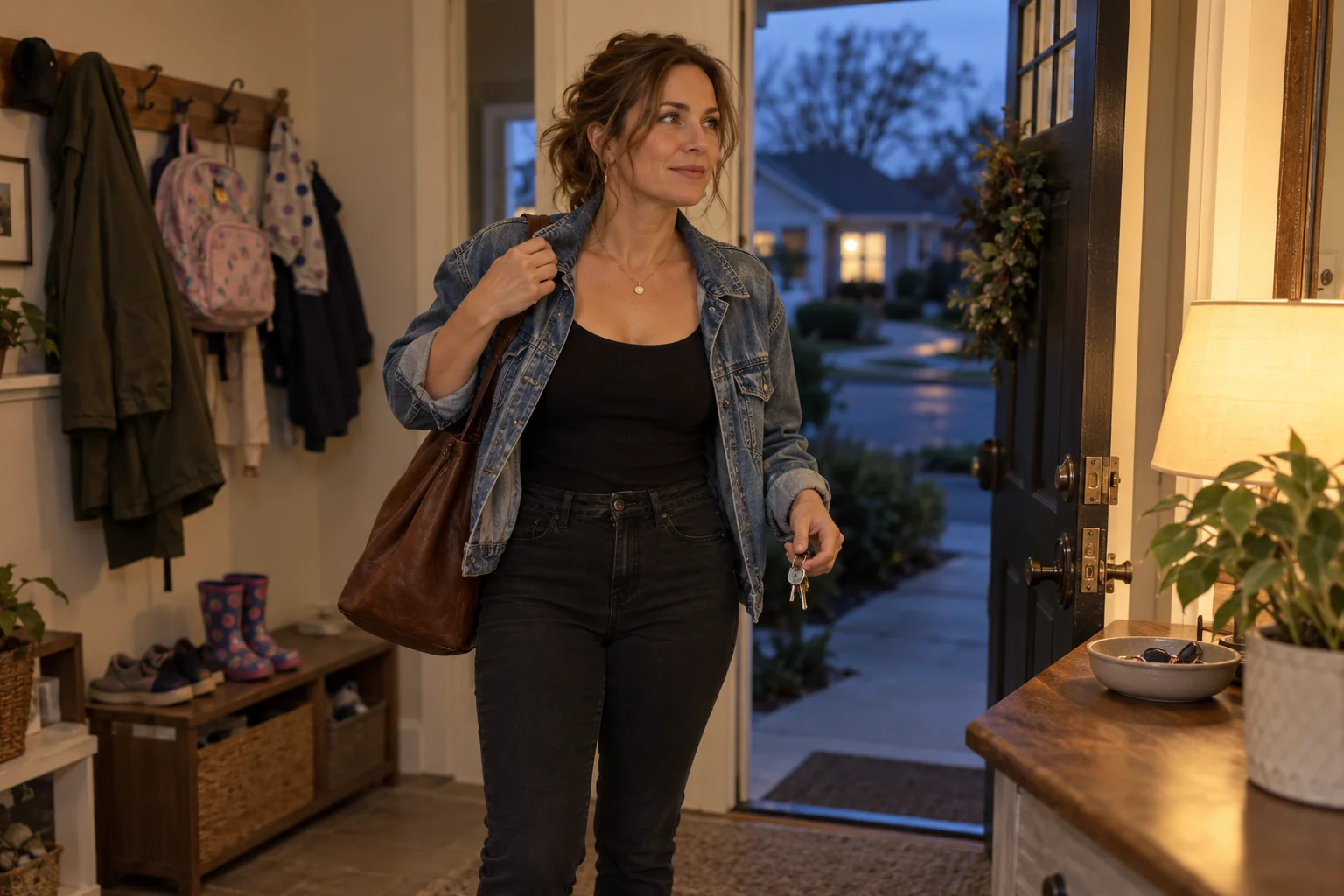 A single mother preparing to leave for an evening date, with family belongings by the front door