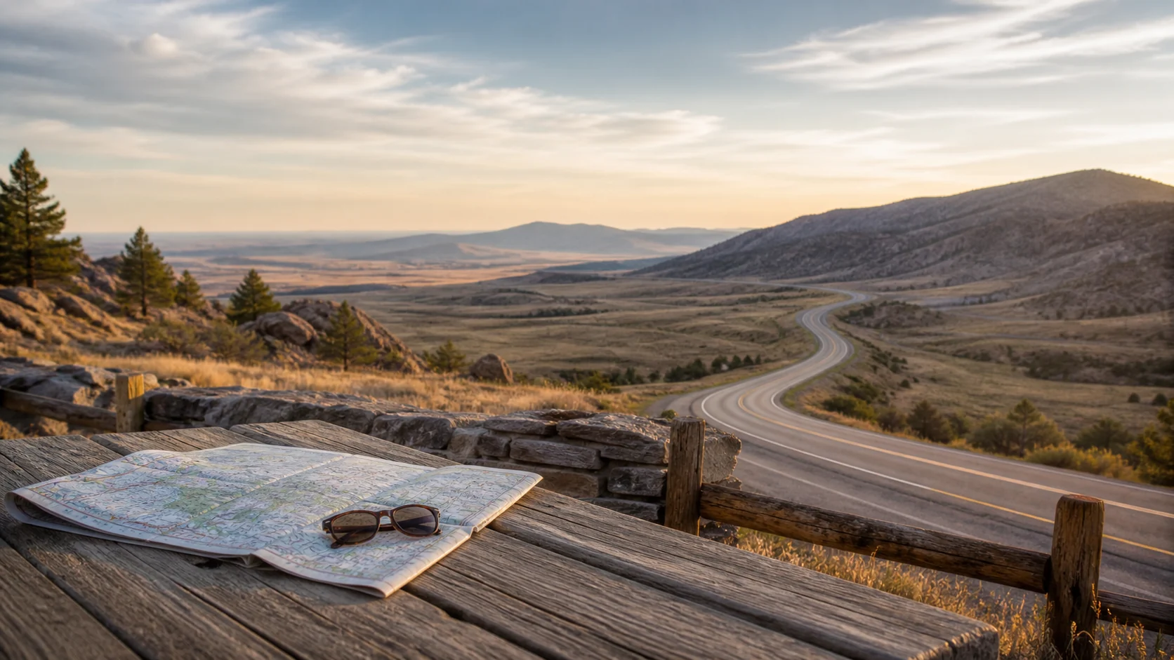 A road map on a scenic overlook beside an open American highway